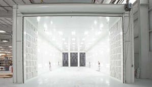 Front of a GFS large equipment paint booth with the doors open