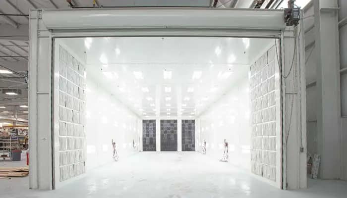 Front of a GFS large equipment paint booth with the doors open