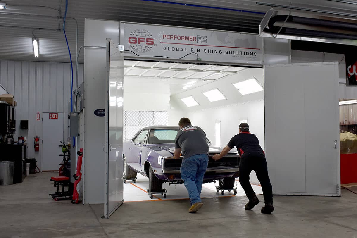 GFS Performer ES Paint Booth with car being pushed inside to be painted