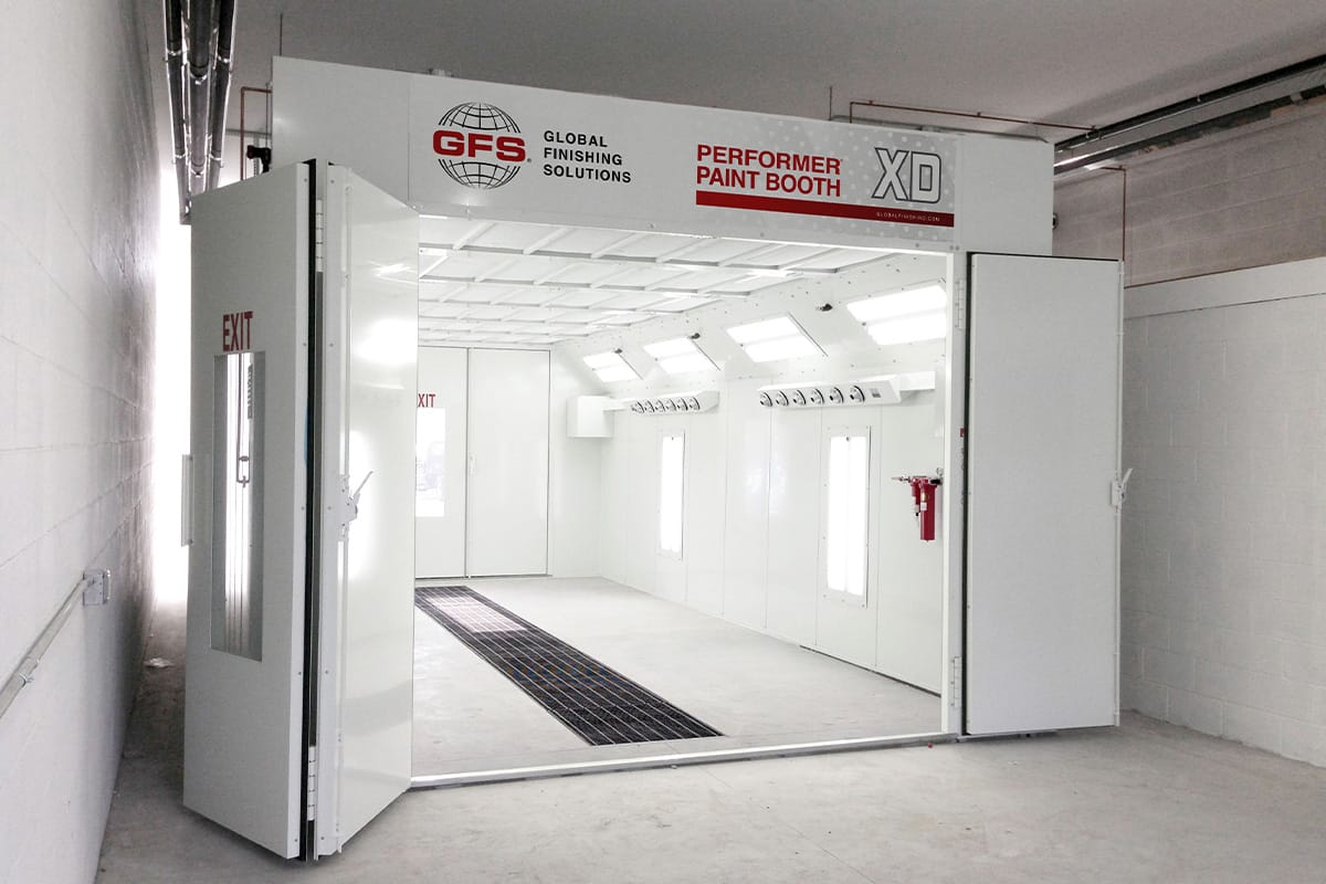 GFS Performer XD Paint booth with doors open showing the drive thru configuration