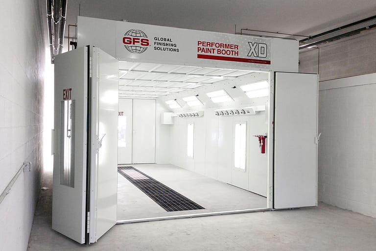 GFS Performer XD Paint booth with doors open showing the drive thru configuration