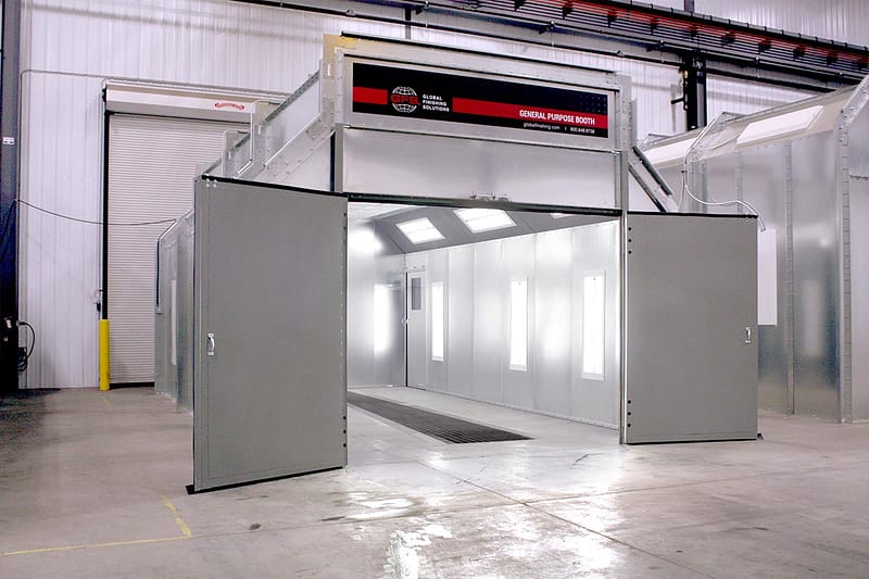 GFS General Purpose Paint Booth with doors open, lights on inside