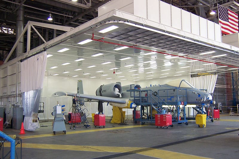 Military aircraft prep booth with A10 inside