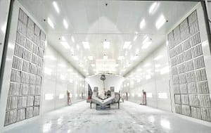 A boat inside a GFS crossdraft paint booth