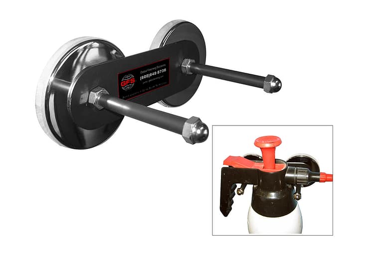 GFS Pump Bottle Holder stays on paint booth walls with heavy duty magnets