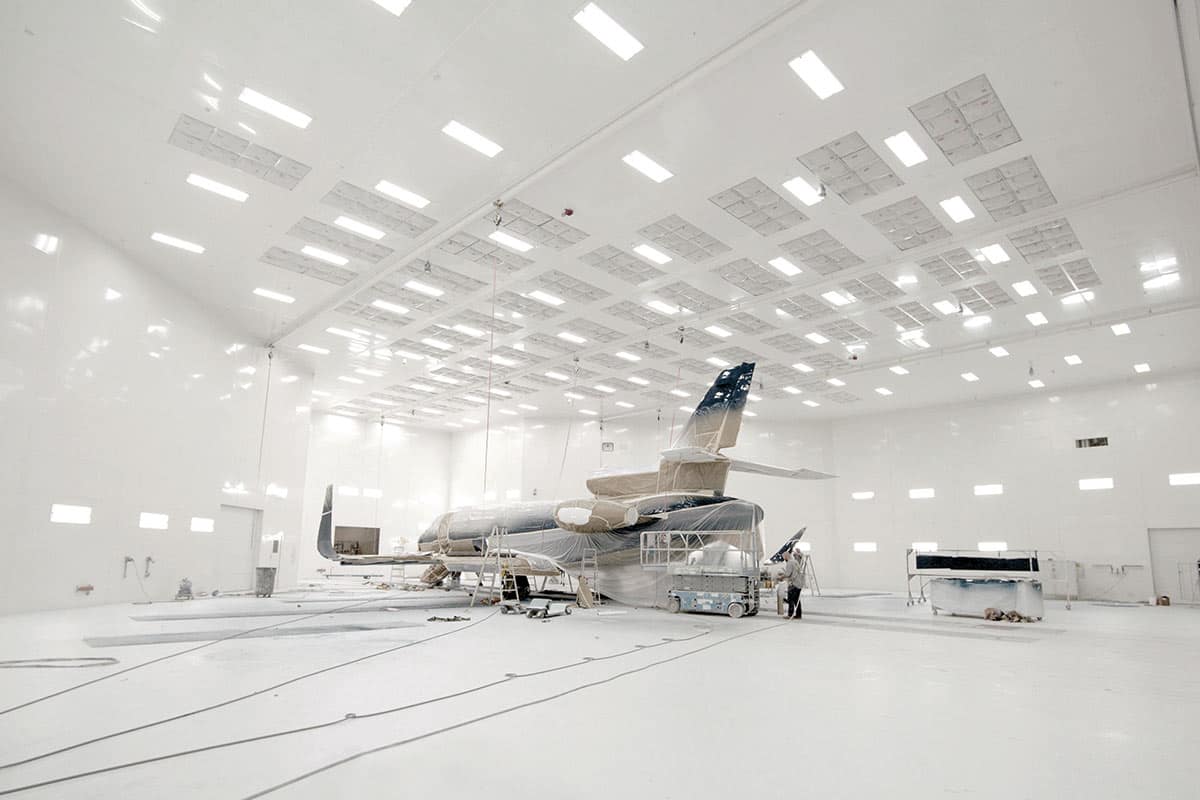 aircraft being painted in a GFS aircraft paint booth
